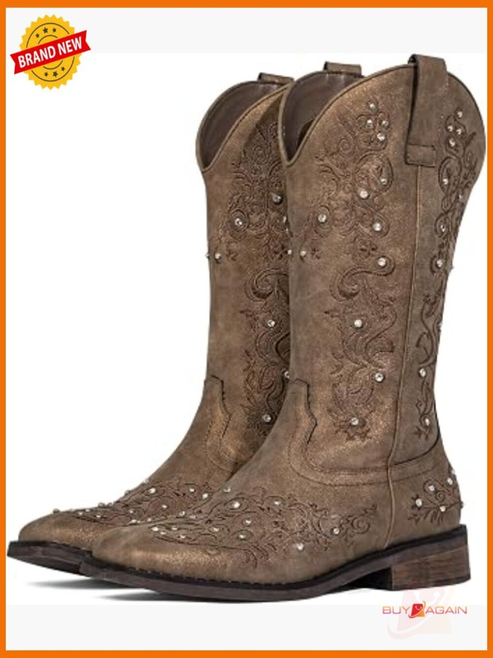 Vintage Retro Mid-Calf Western Cowboy Boots Square Toe Rhinestone